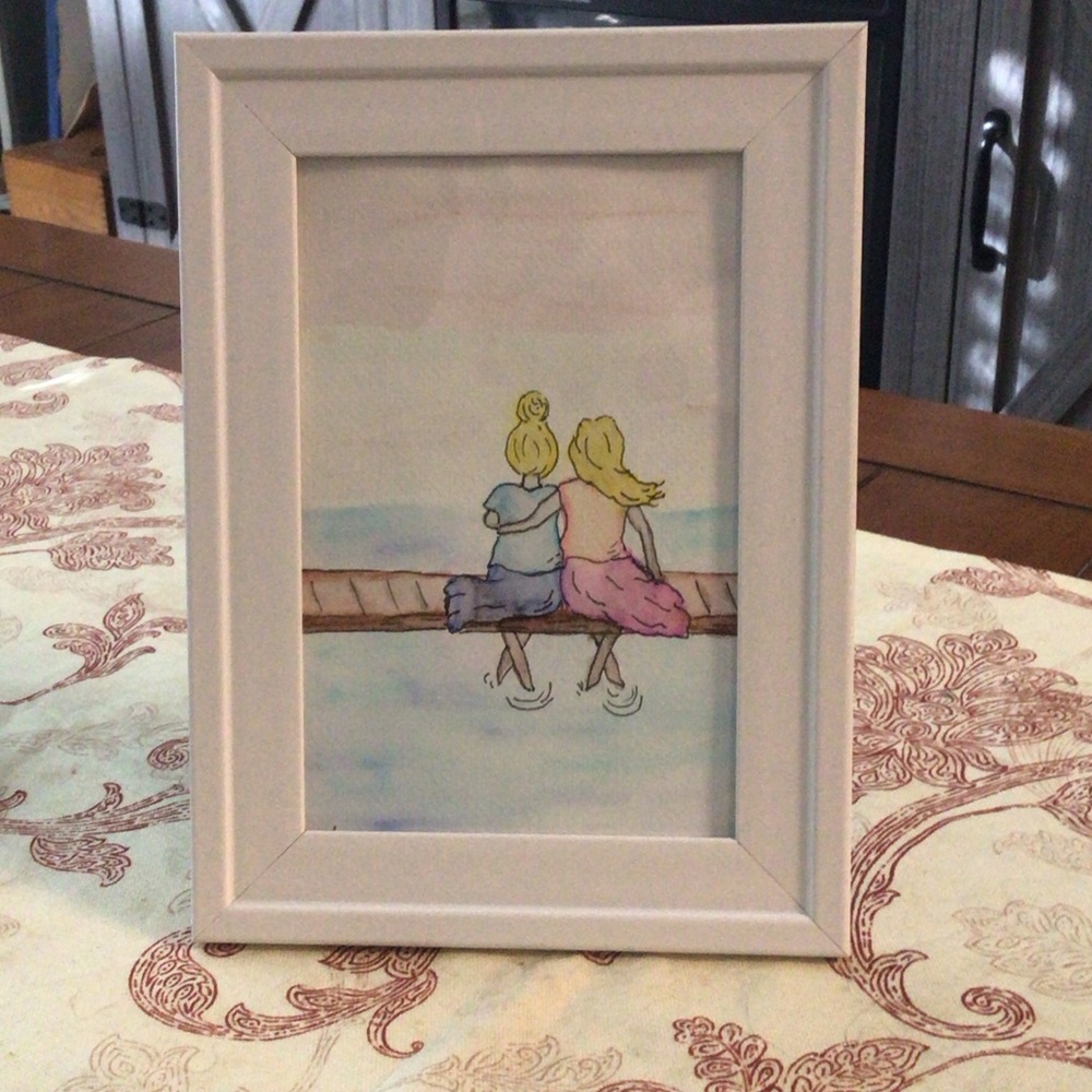 Framed Art watercolor and ink painting